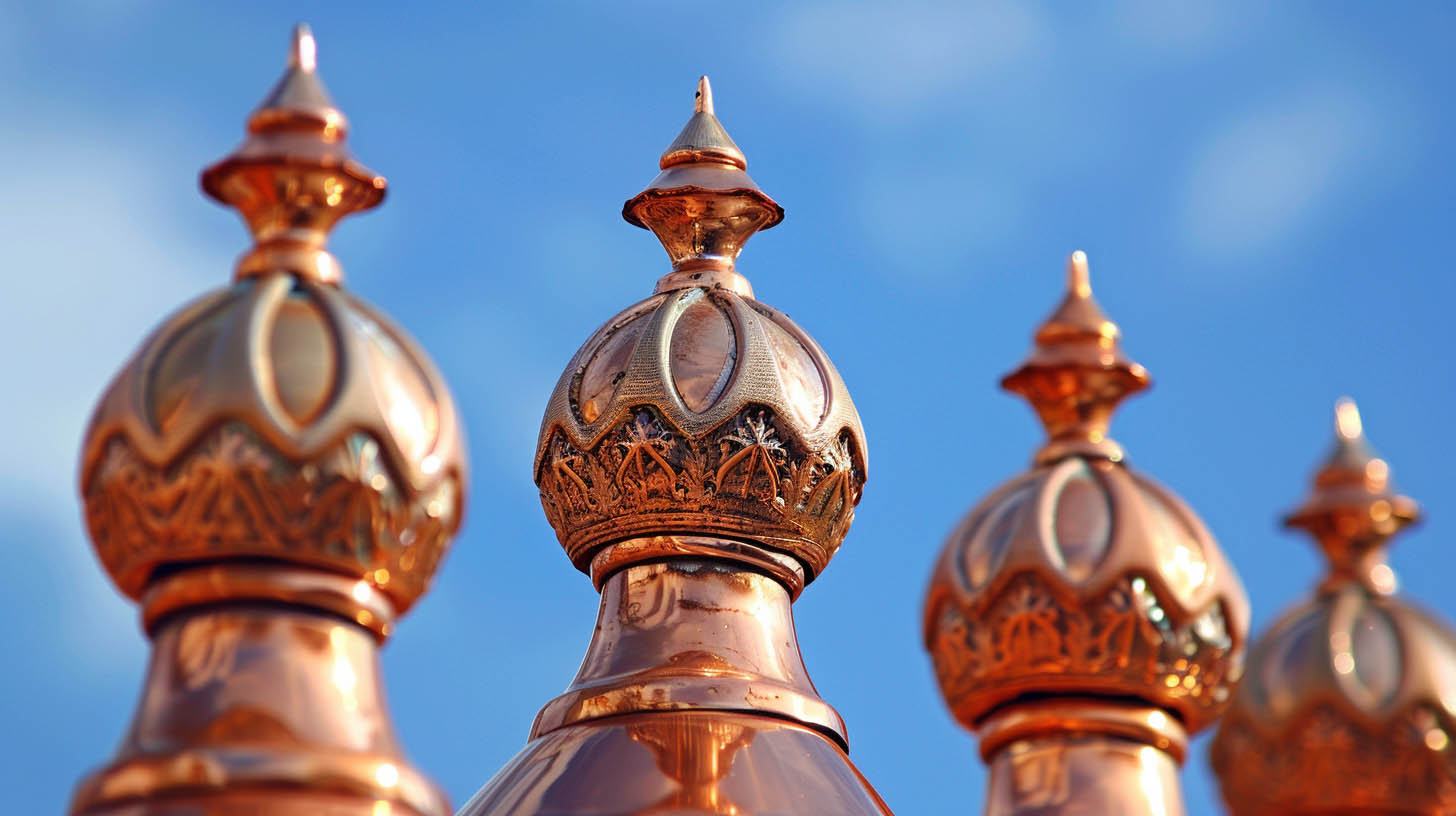 Sunset over Pennsylvania roofs with prominent, ornate finials standing out against a soft sky.