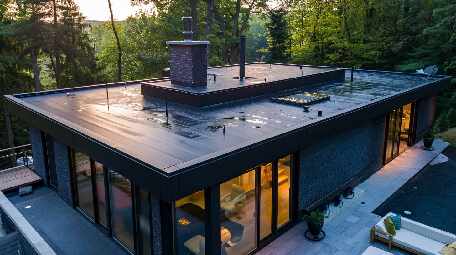 Cross-section view of a rubber roof with a ruler showing 60-mil thickness in a tranquil Pennsylvania countryside at dawn.