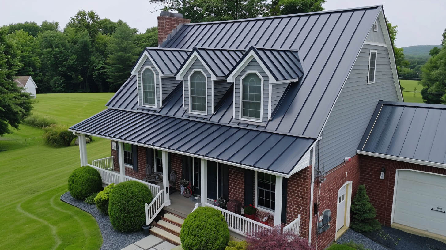 Rustic farmhouse with a weathered metal roof in Pennsylvania's countryside at sunset.